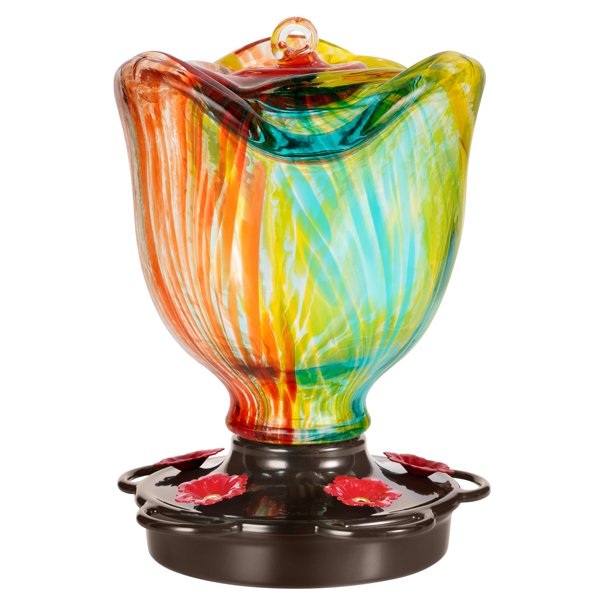 LUJOIN Rose Shaped Hummingbird Feeder for Outdoors, Hand Blown Glass with 25 fl.oz, Leak Proof & Rustproof, Includes an Ant Moat, Metal Cover with 5 Feeding Ports, Ribbon