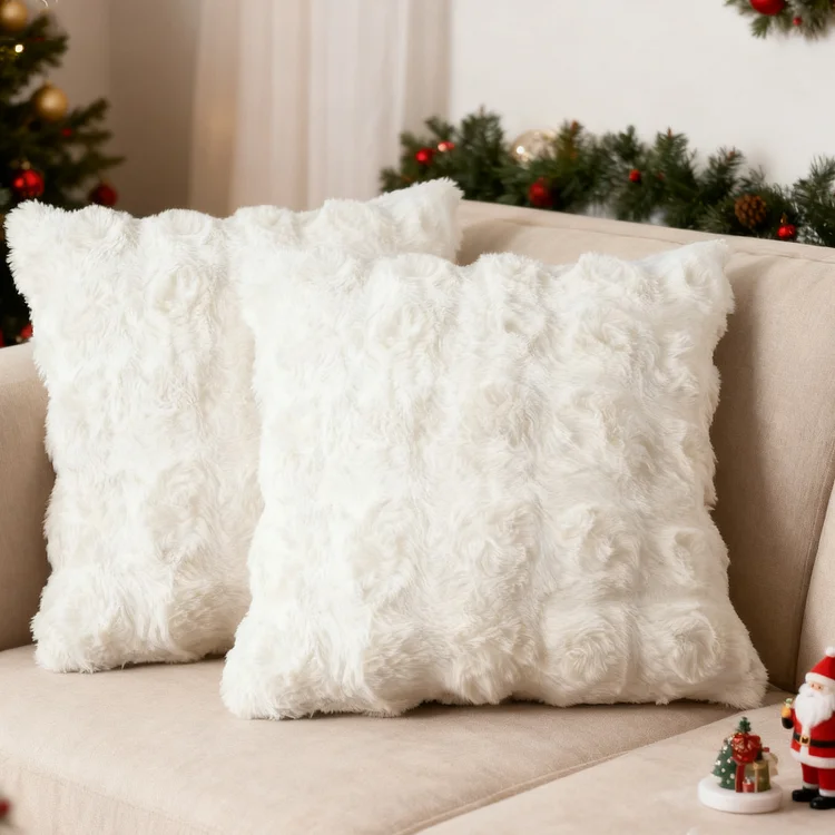 Sanmadrola Pillow Covers 18x18 Fluffy Faux Rabbit Fur Decorative Throw Pillows Case, Shaggy Decorative Cushion Covers for Sofa, Bedroom, Living Room, Cozy Home Décor, Set of 2