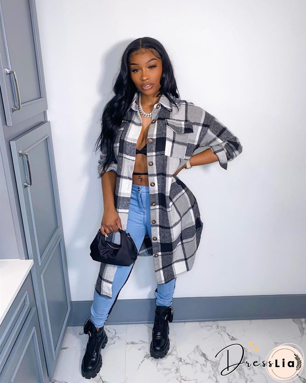 Classic Plaid Shirt Woolen Long Coat