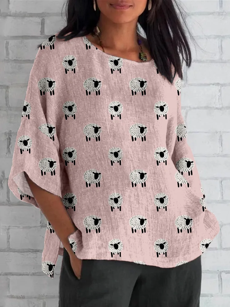 Cute Sheep Pattern Linen Blend Cozy Tunic