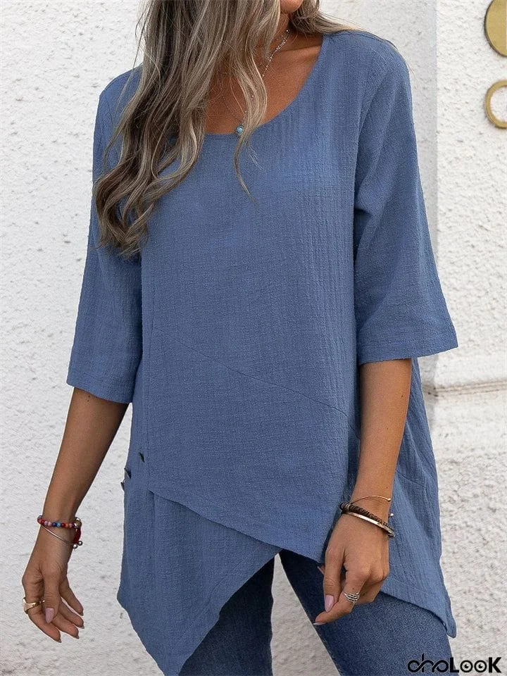 Women's Vintage Round Neck Irregular Hem 3/4 Sleeve Linen Tops