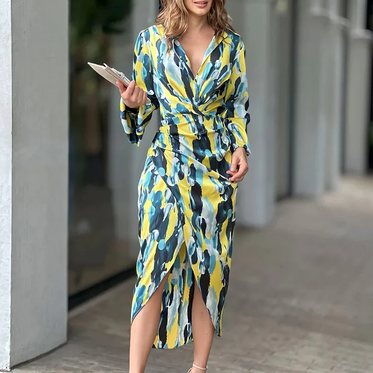 Elegant Lapel Shirt Print Slit Irregular Long Sleeve Slim Fit Drape Party Midi Dress