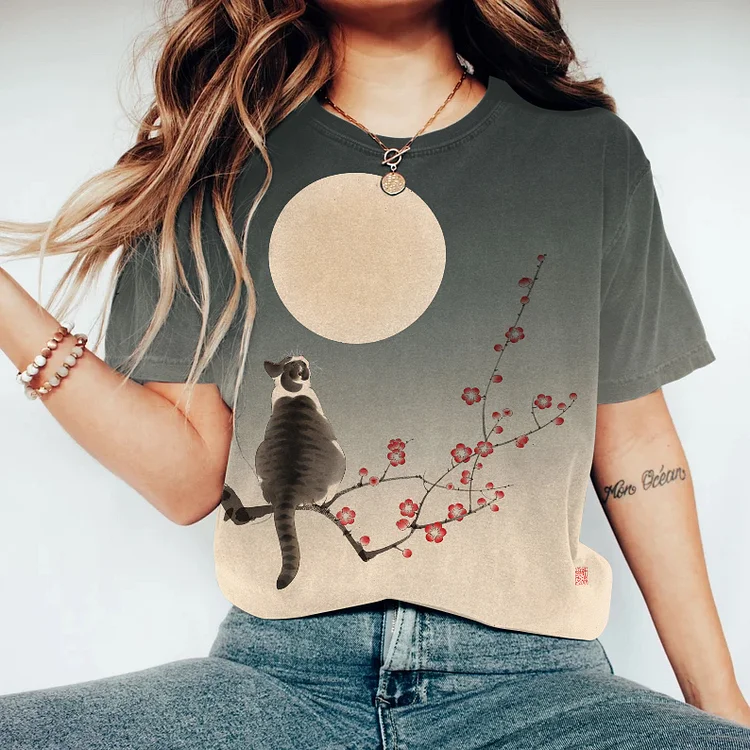 Cat Print Round Neck Short Sleeve T-Shirt