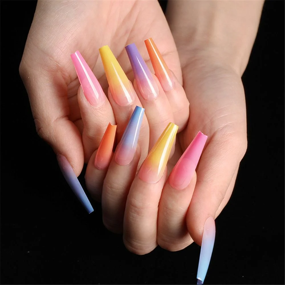 24pcs DIY Full Cover False Nail Tips Coffin Fake Nails Rainbow Gradient Candy Trapezoidal Fake Nails Ballet Wearable Nails-Nail Inspo