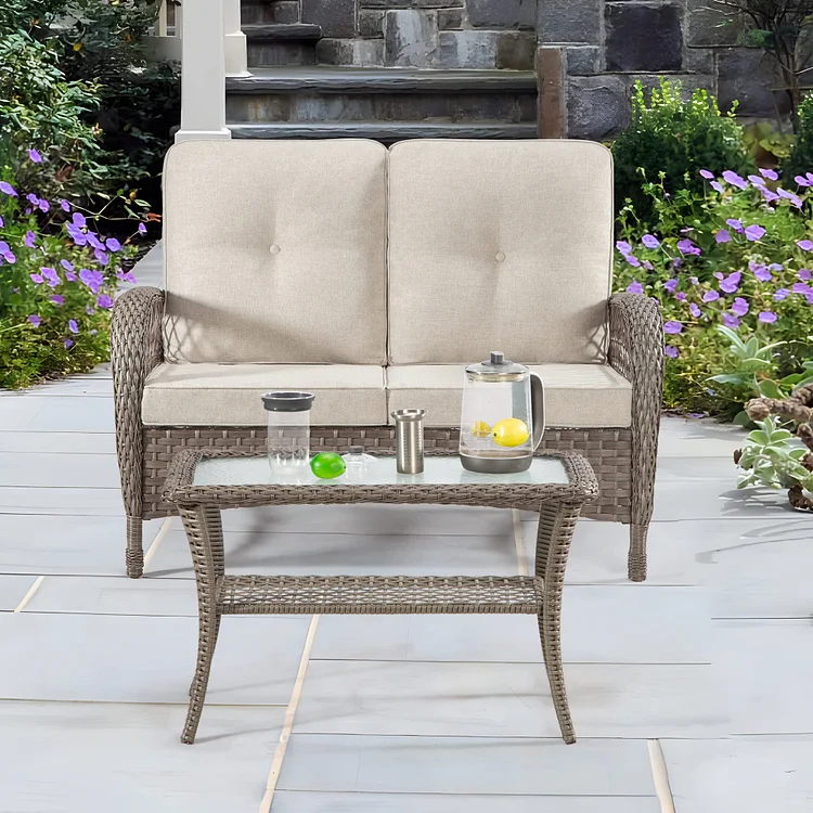 Joyside Patio Wicker Furniture Set, 2-Seat Sofa & Coffee Table