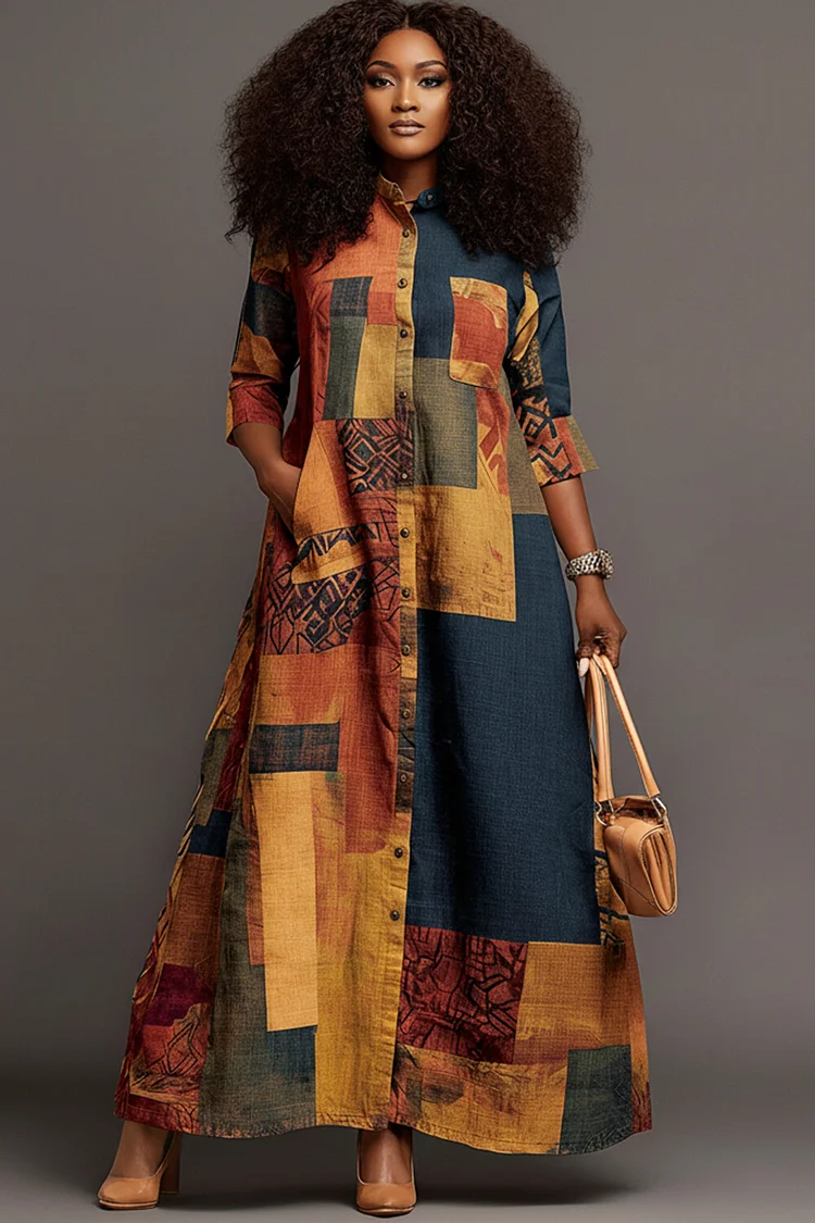 Xpluswear Design Plus Size Daily Multicolor Ankara Shirt Collar 3/4 Sleeve Pocket Button Maxi Dresses 2024 - Xpluswear