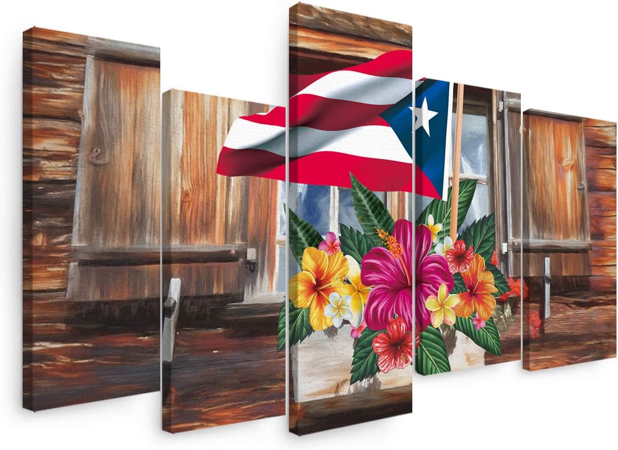 Sunteeny Canvas Wall Art 5 Piece Set for Living Room, Barn Door Puerto Rico Flag Picture Wall Decor Canvas Print Painting for Bathroom, Bedroom, Dining Room, Office, 12&#034;x24&#034;x4pcs, 12&#034;x32&#034;x1pc