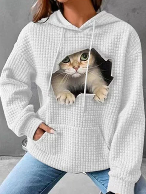 Women's Cat Pattern Graphic Printed Solid Color Scoop Neck Long Sleeve Top