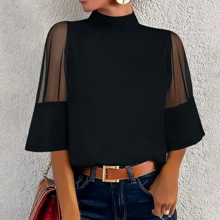 Ursime Mock Neck Mesh See-Through Flare Sleeve Blouse