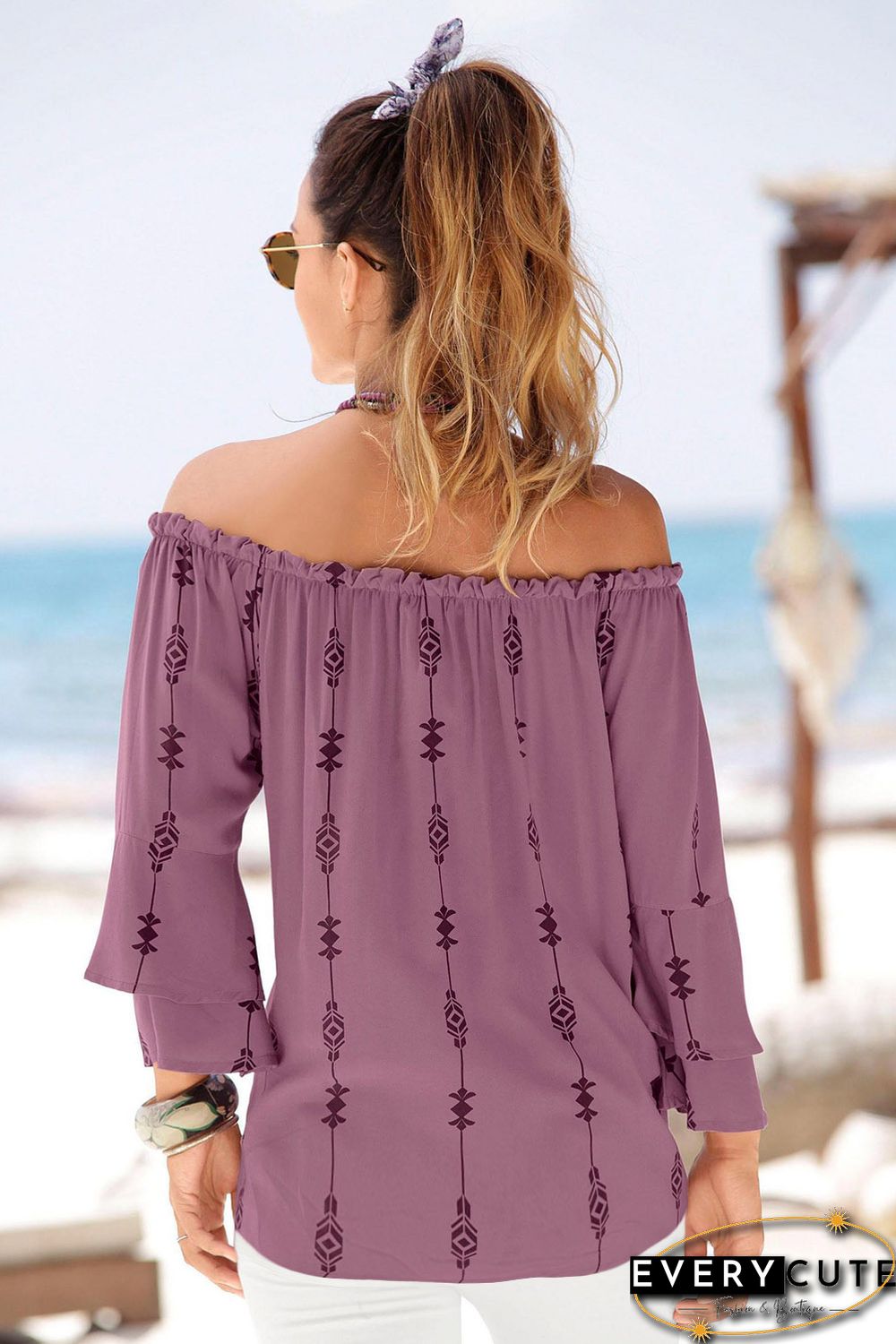 Purple Elasticised Neck Floral Print Blouse