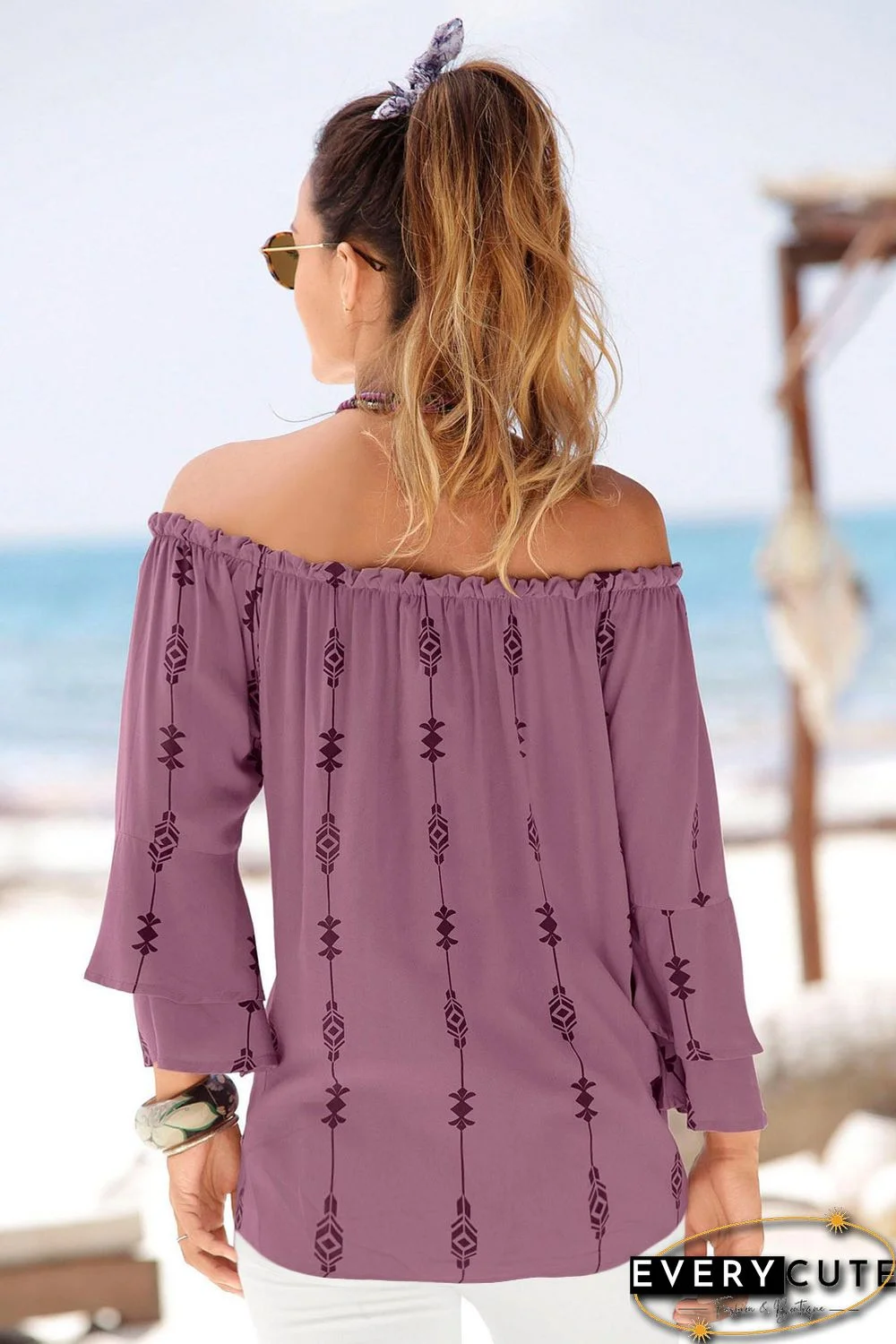 Purple Elasticised Neck Floral Print Blouse