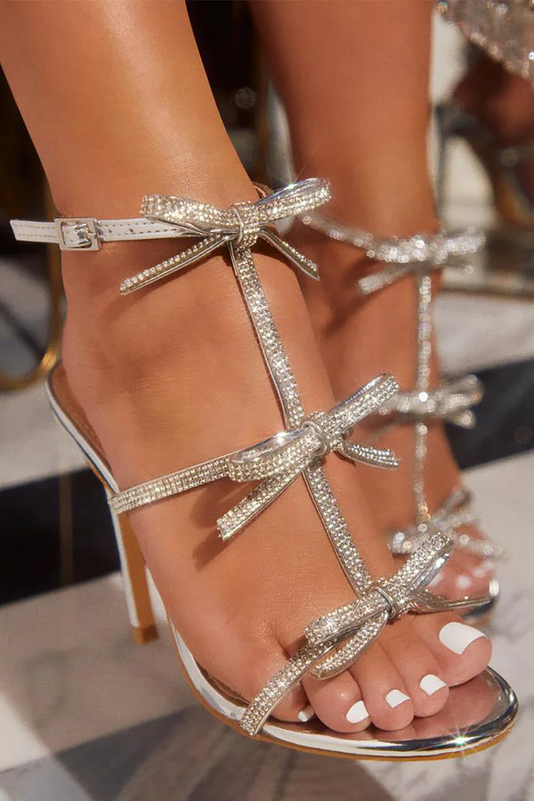 Sparkling Rhinestone Bow Ankle Strap Peep-Toe Party Stiletto Heels-Silver