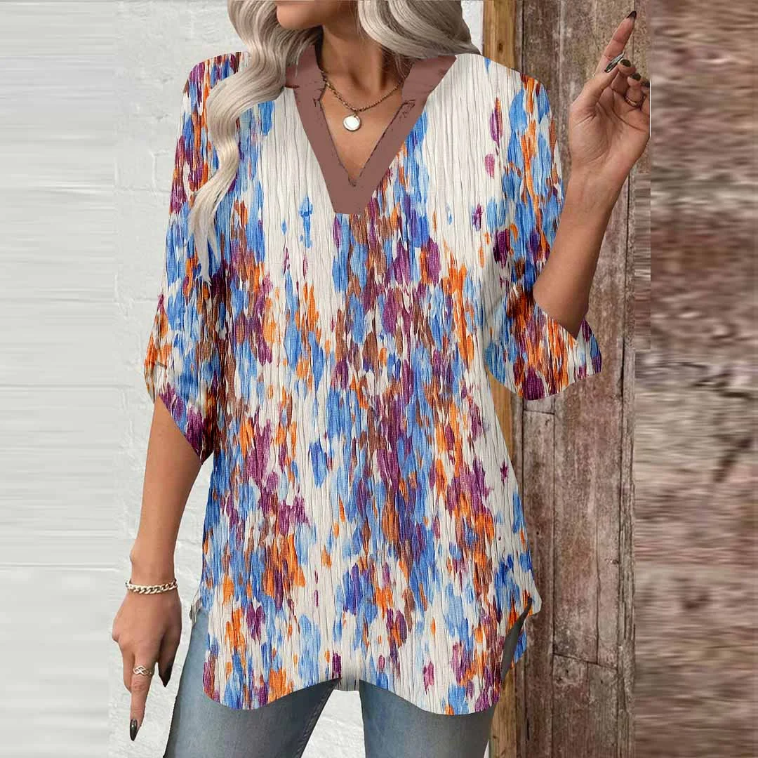 Women Tie-Dyed, Blue, Brown DZGA0357 3/4 Sleeve V-neck Printed Graphic Button Tops