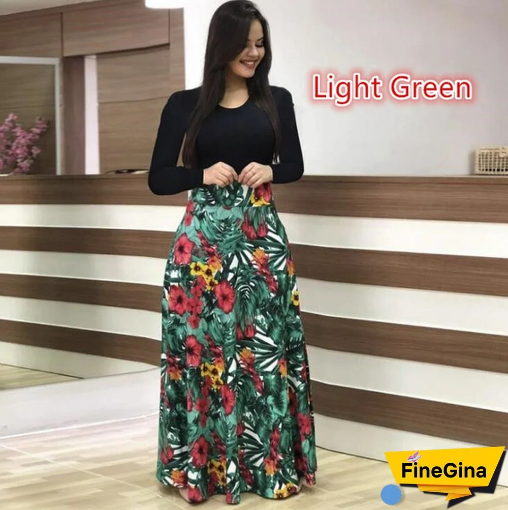 Women's Fashion Causal Dress Long Sleeve Printed Dress High Waist Long Dress Plus Size S-5XL