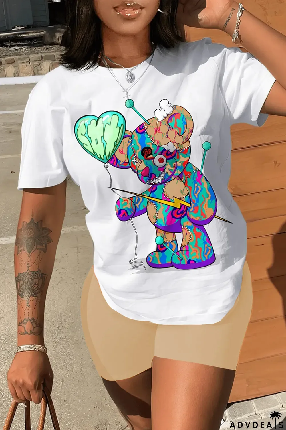 White Orange Casual Print Patchwork O Neck Short Sleeve Two Pieces