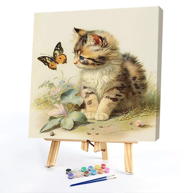Oil Paint By Numbers -  Cat Fluttering Butterfly  40*40CM