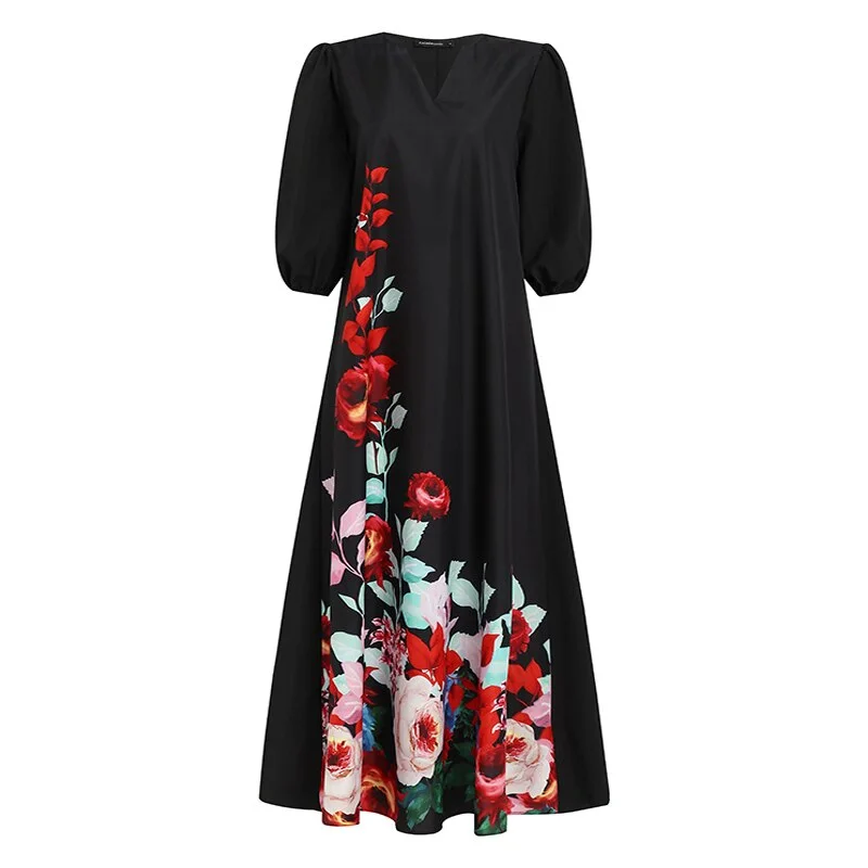 Women Kaftan Maxi Dress Floral Print Party Sundress Celmia 2021 Autumn Casual Lantern Sleeve Long Vestidos Bohemian V-neck Robe