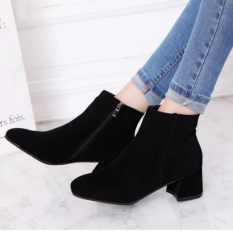 Suede Ankle Boots | Side Zip & Low Block Heel