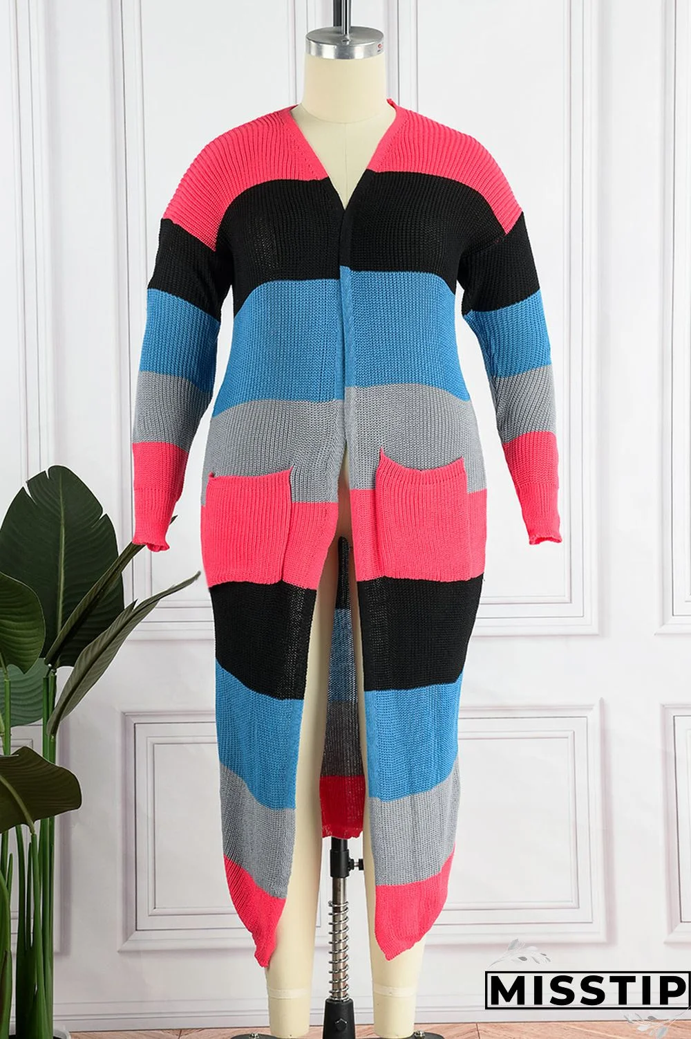Blue Plus Size Daily Striped Cardigan
