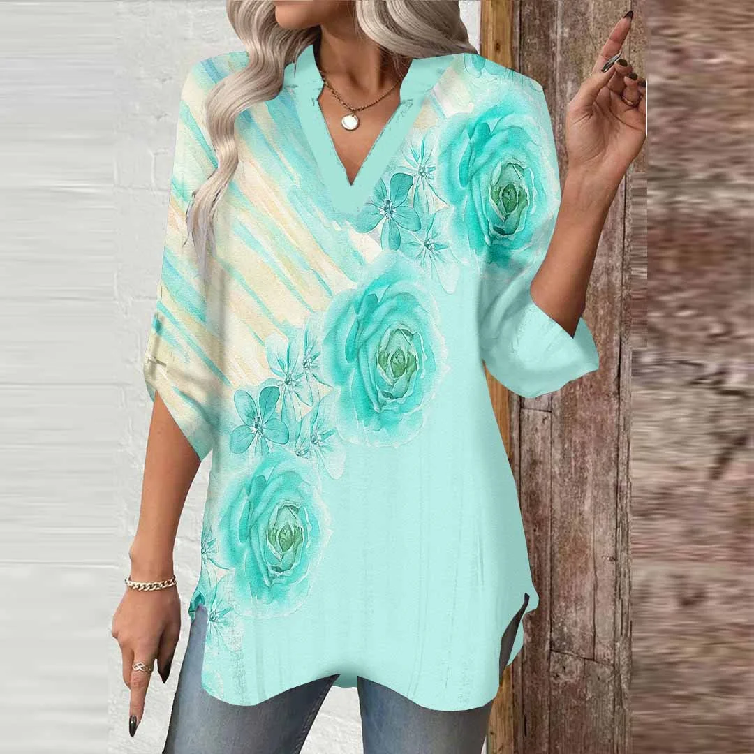 Women Floral,Blue DZGA0718 3/4 Sleeve V-neck Printed Graphic Button Tops