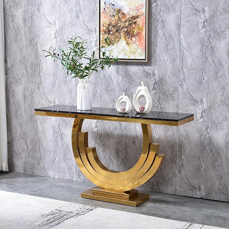 Homemys 59.1" Gold & Black Marble Console Table Narrow Rectangular Entryway Table