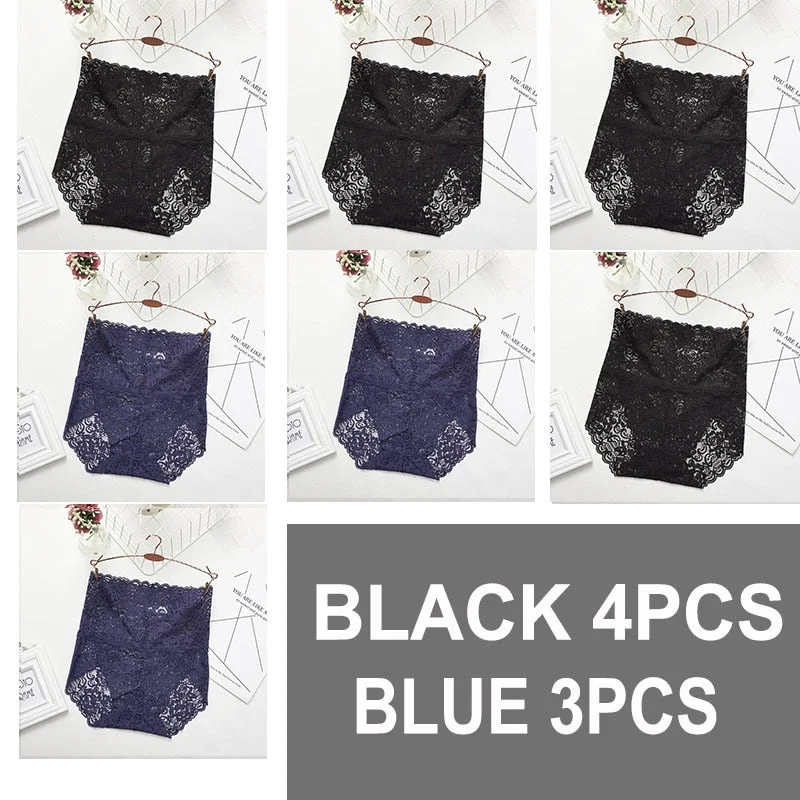 7PCS High Waist Panties Women Lace Sexy Underwear Female Floral Perspective Lingerie Briefs Underpants Plus Size Pantys M-XXXL