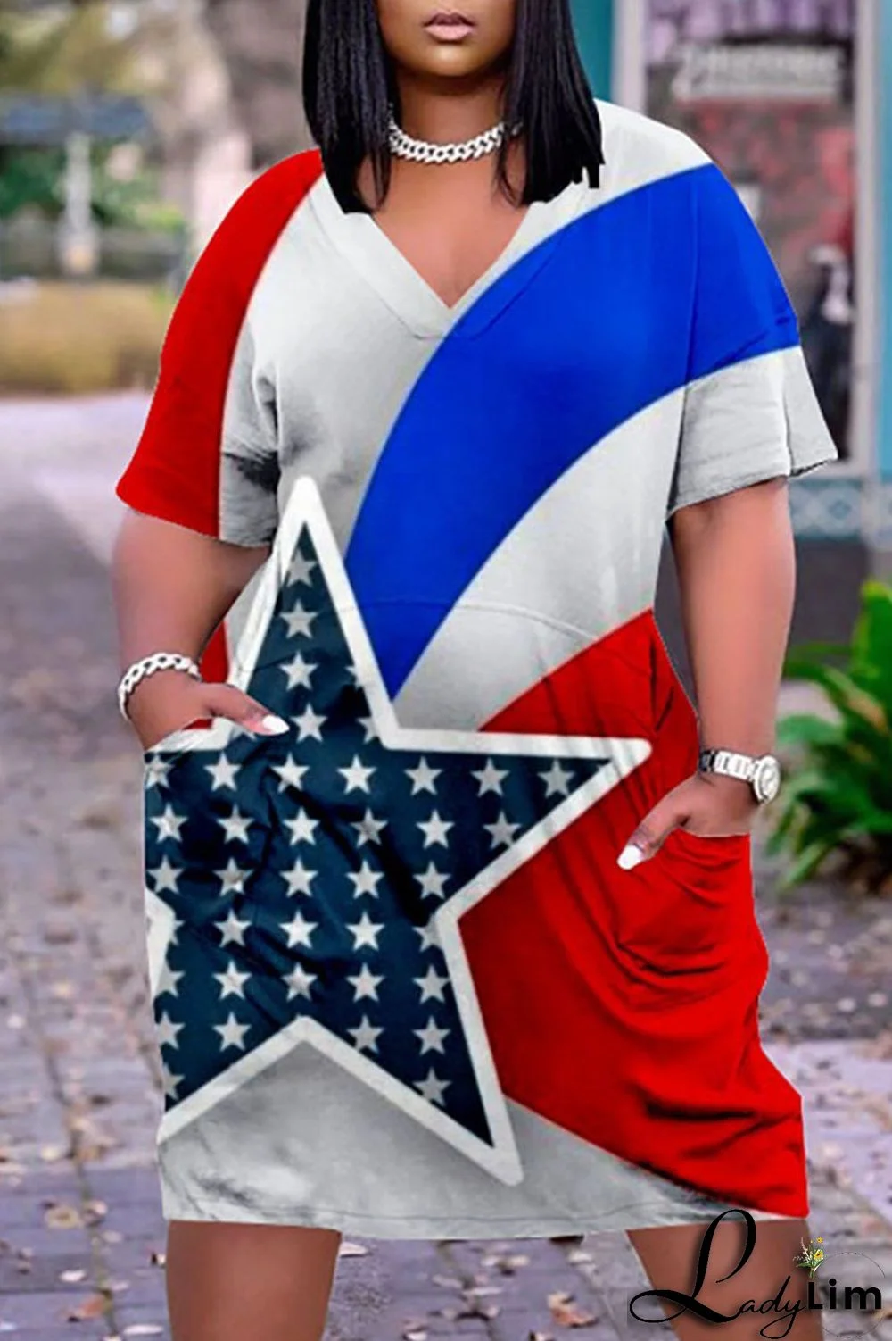 Deep Blue Casual Print Patchwork V Neck Dresses