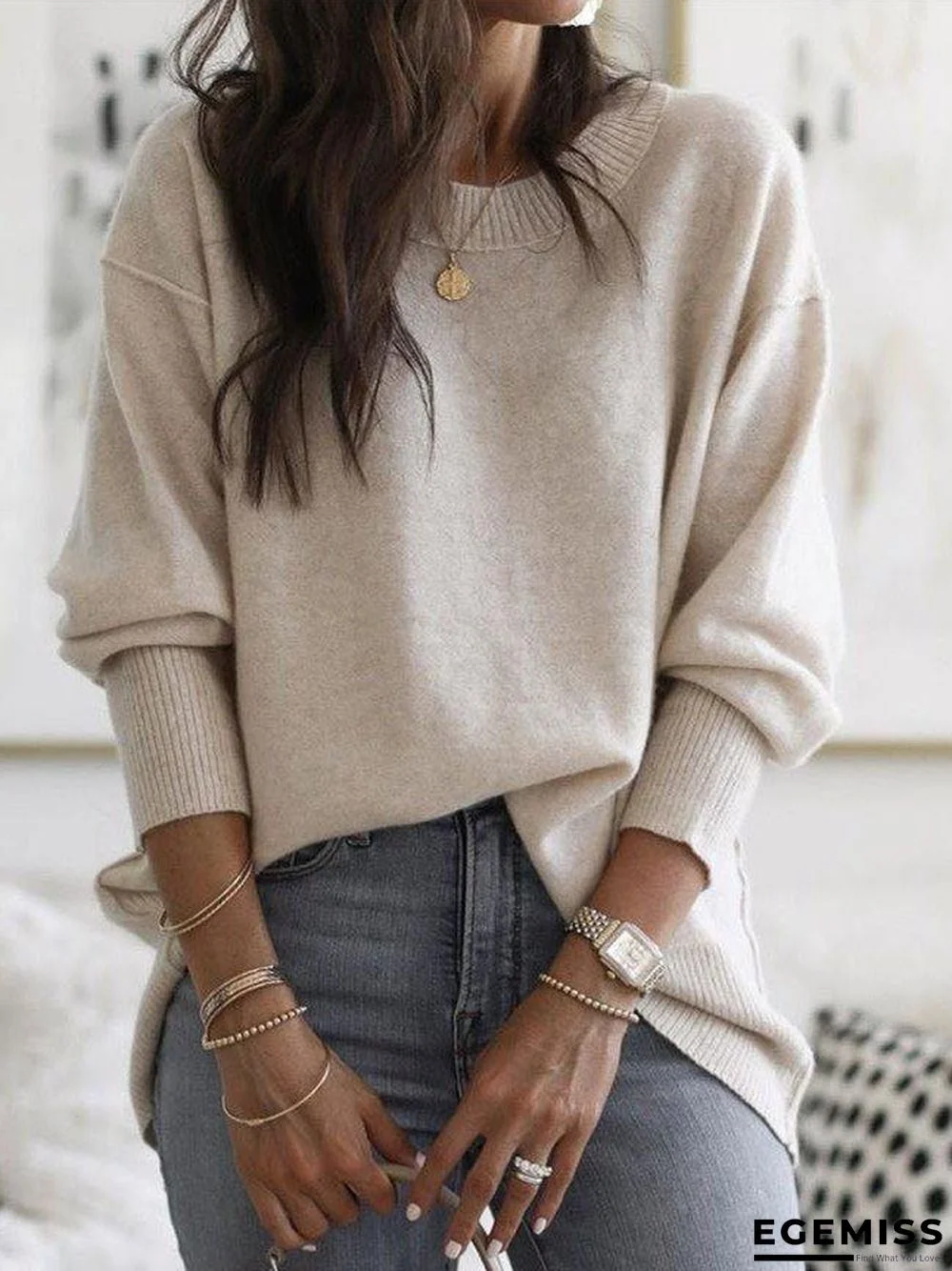 Long Sleeve Solid Cotton-Blend Sweater | EGEMISS