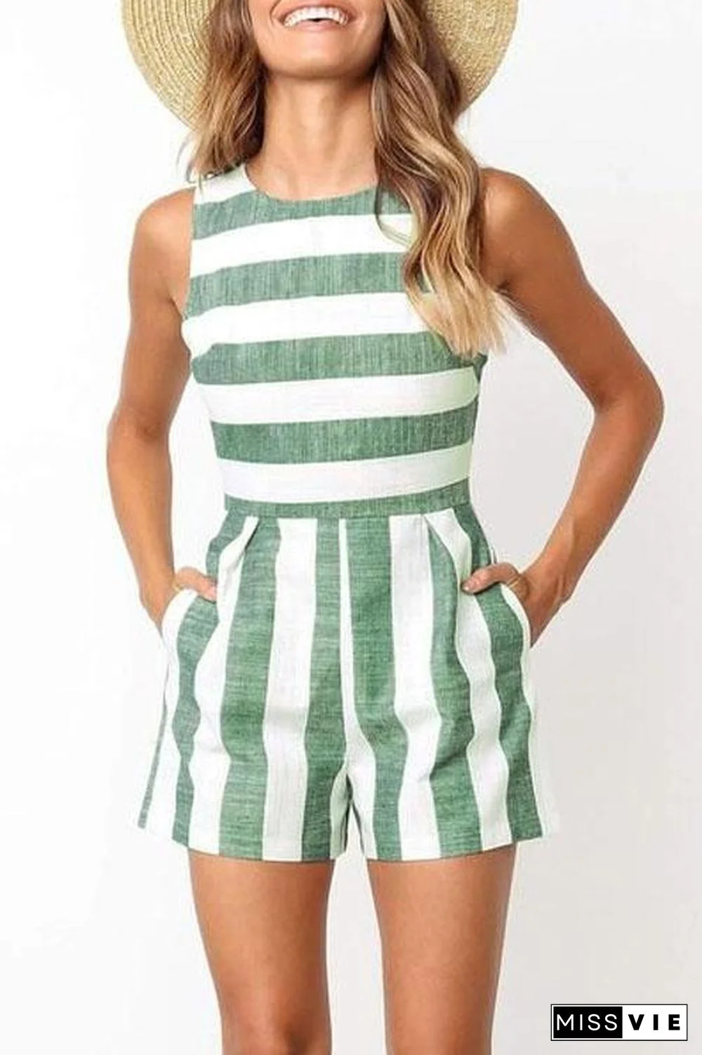 Wide Striped Pocket Romper