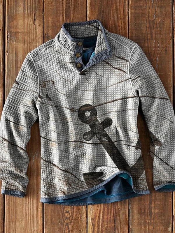 Men's Waffle Collar Printed Long Sleeve T-Shirt