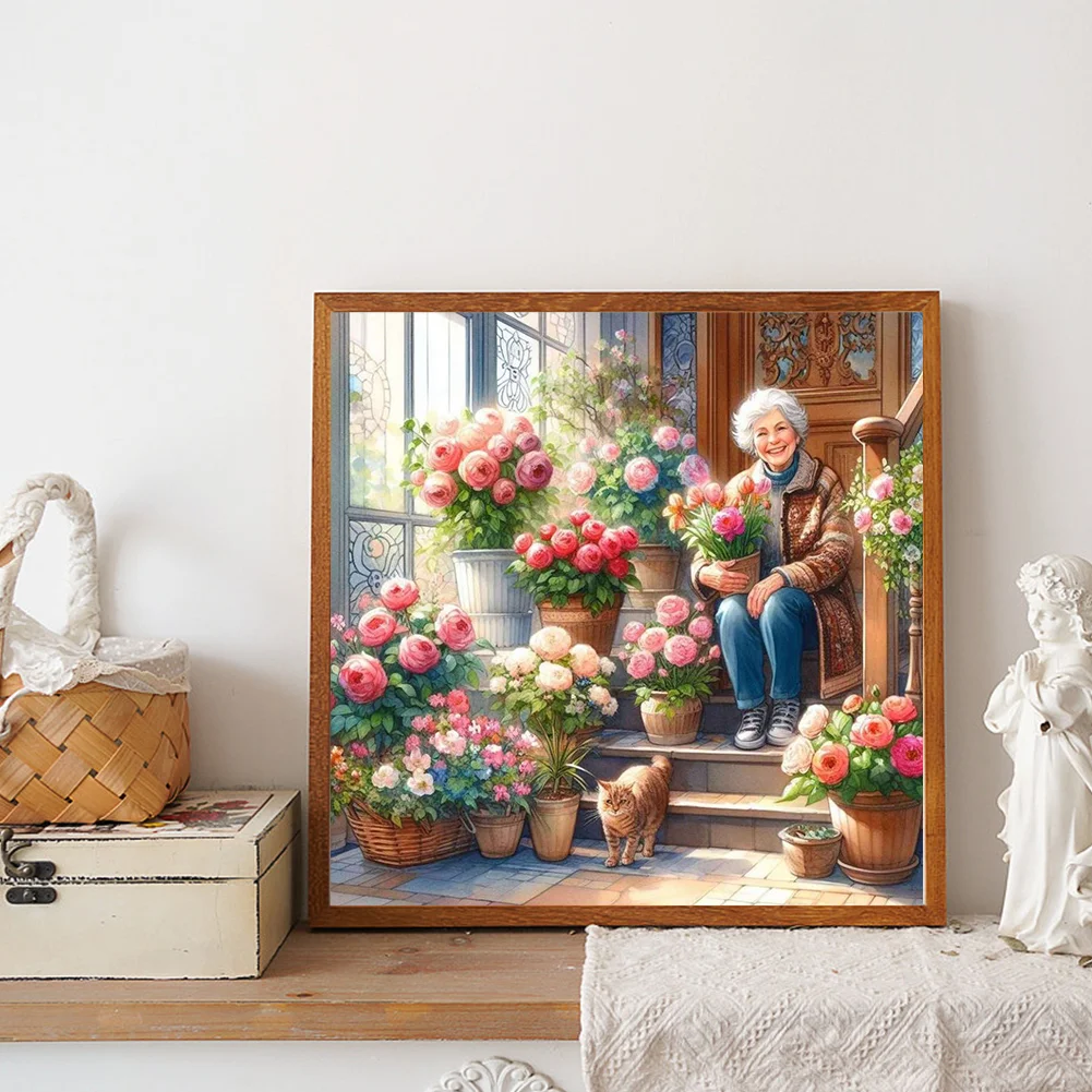Diamond Painting - Full Round Drill - Garden Old Lady(Canvas|30*30cm)