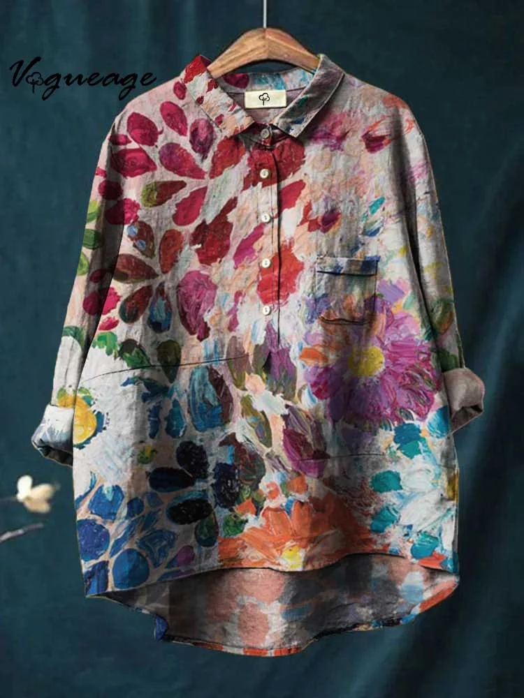 Oil Painting Flower Spots Printed Cotton And Linen Shirt