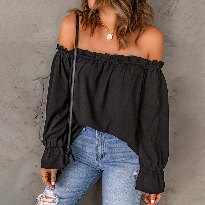 Solid Color One Collar Long Sleeve Blouse