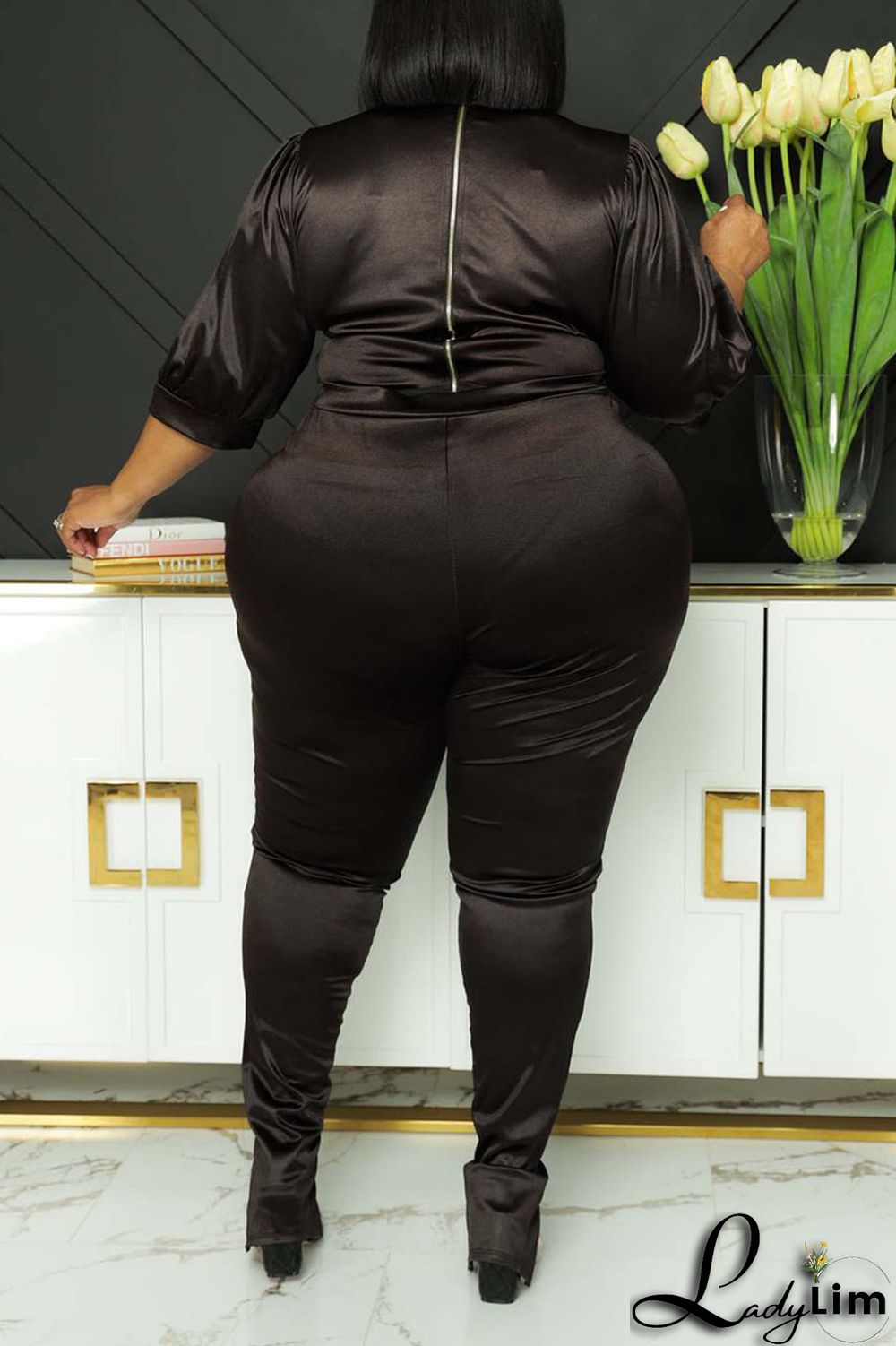 Coffee Casual Solid Patchwork Half A Turtleneck Plus Size Two Pieces