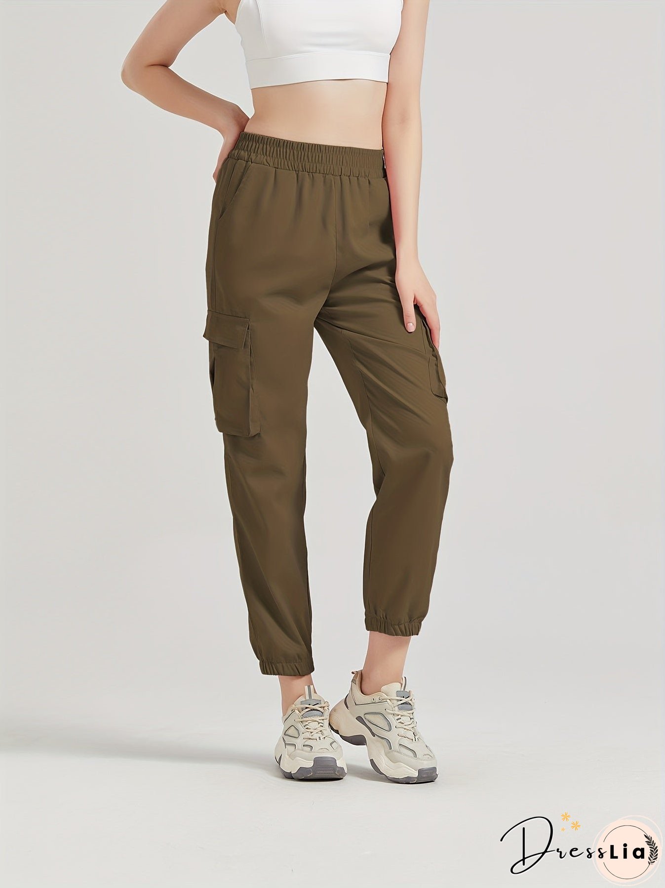 Solid Color Casual Joggers Sweatpant, Cargo Loose High Waisted Pants With Pockets, Women's Athleisure