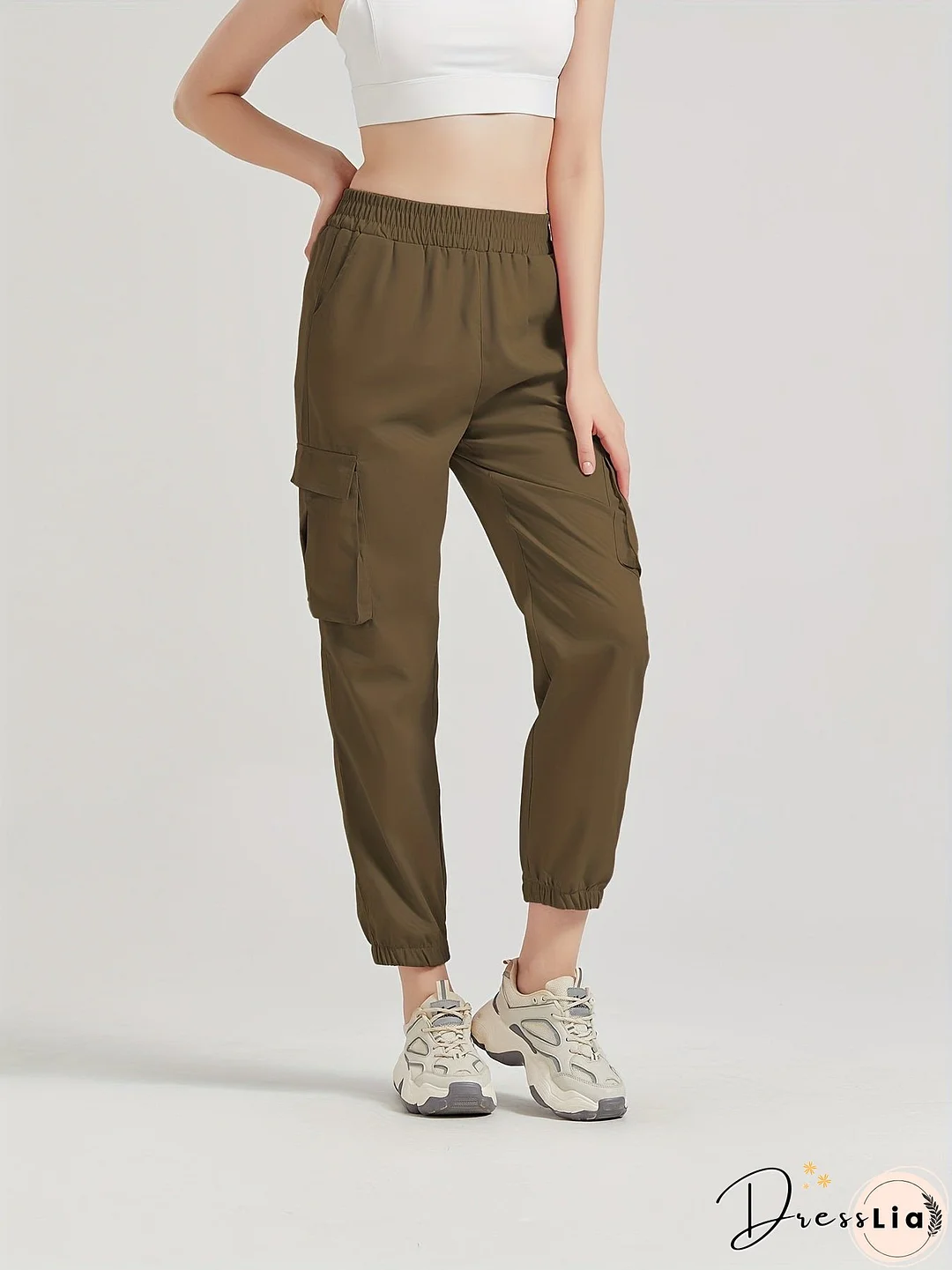 Solid Color Casual Joggers Sweatpant, Cargo Loose High Waisted Pants With Pockets, Women's Athleisure