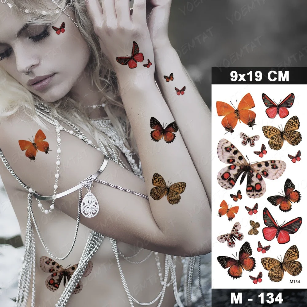 Temporary Tattoos Sticker For Women Body Art Tattoo Sticker 3d Butterfly Rose Flower Feather Tattoo Waterproof Halloween Gift