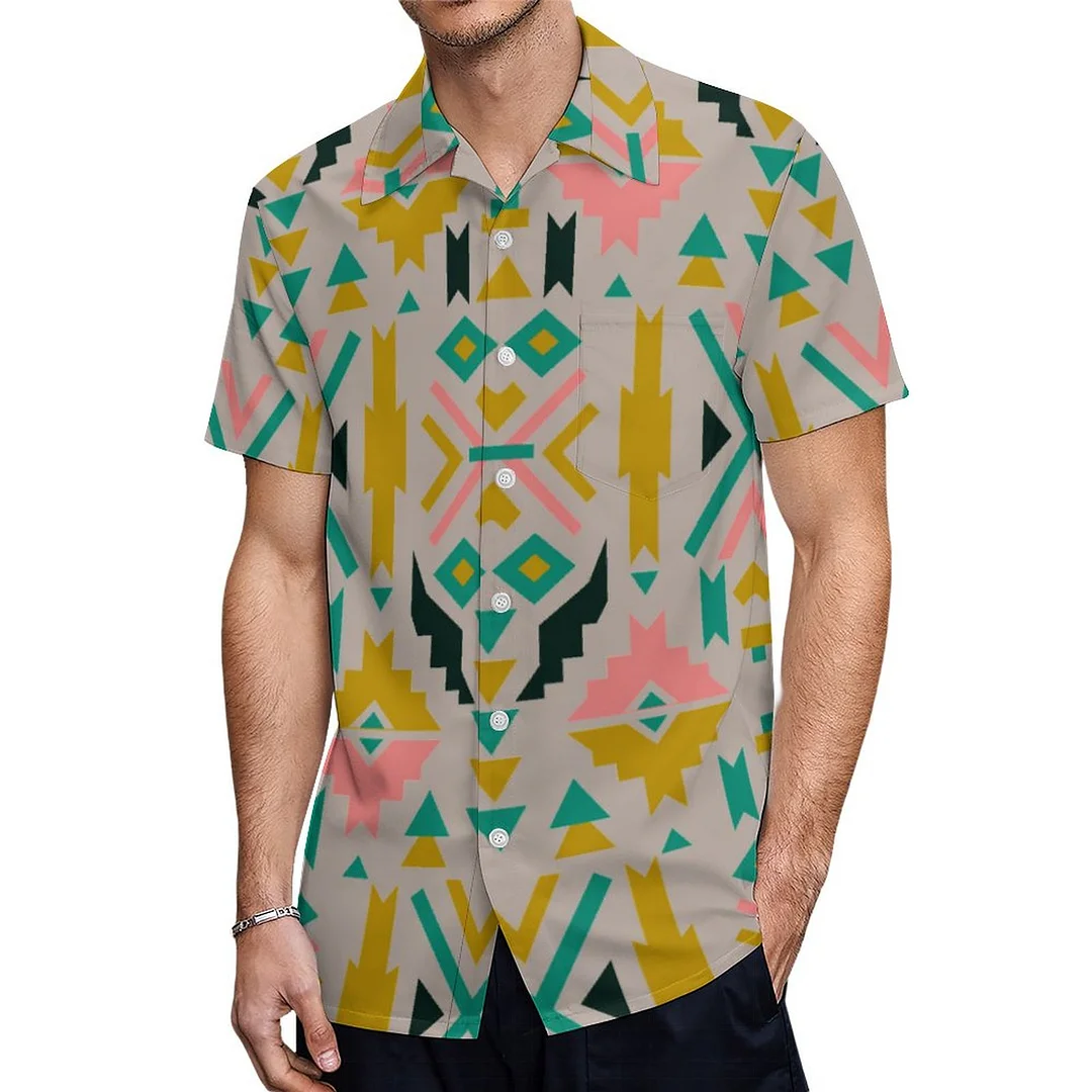 Short Sleeve Colorful Native American Tribal Hawaiian Shirt Mens Button Down Plus Size Tropical Hawaii Beach Shirts