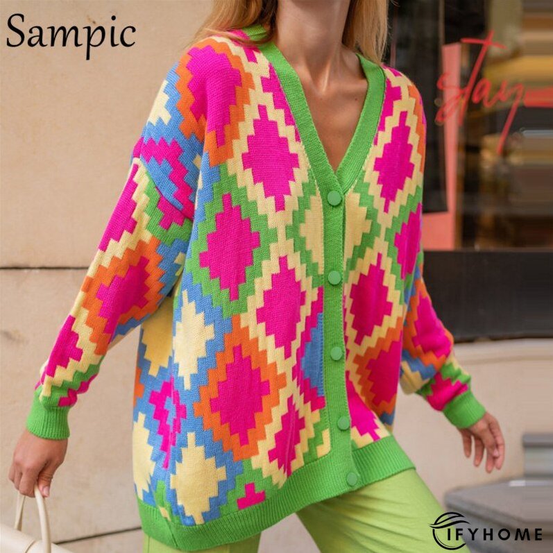 Christmas Gift Sampic Loose Patchwork Knitwear Winter Women Cardigans Tops Oversized Long | IFYHOME