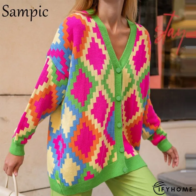 Christmas Gift Sampic Loose Patchwork Knitwear Winter Women Cardigans Tops Oversized Long | IFYHOME