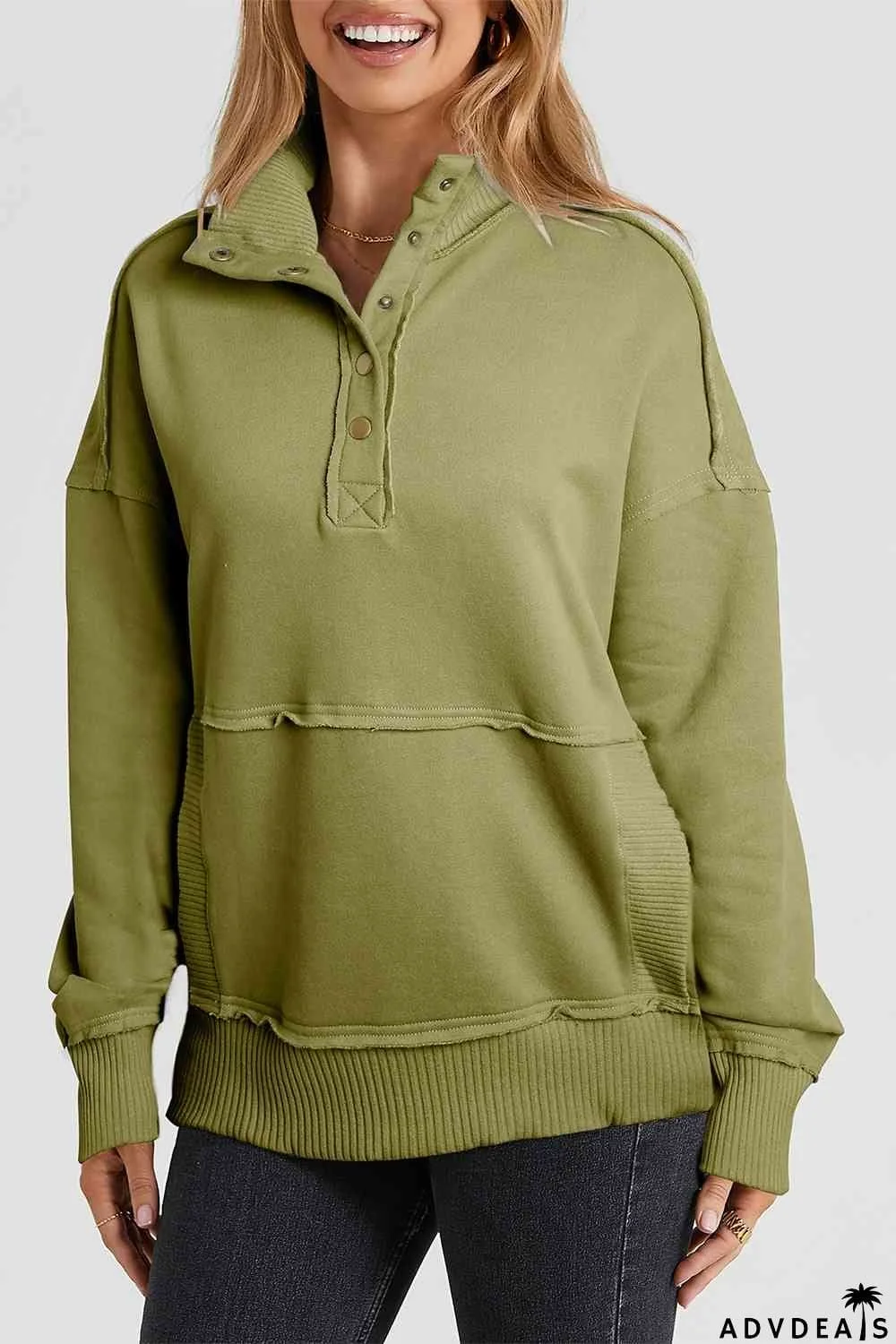 Half Snap Drop Shoulder Long Sleeve Sweatshirt