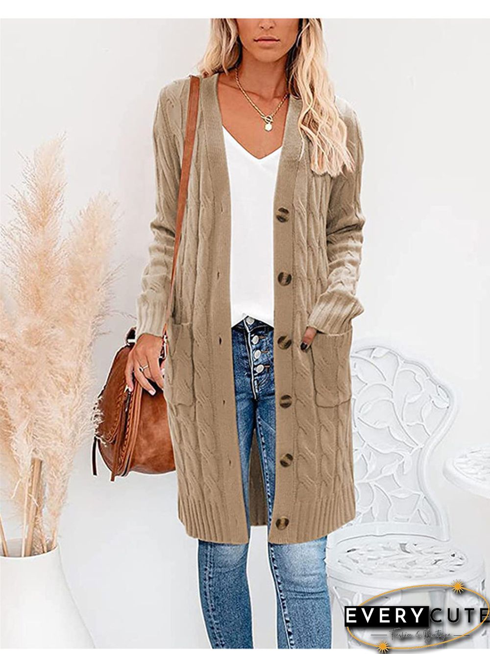 V-neck Single Breasted Pocket Solid Color Knitted Long Sweater