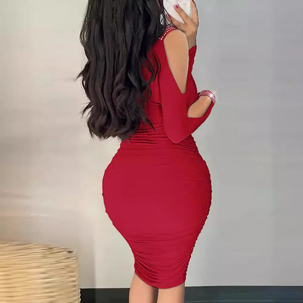 Wongn Wongn Women's Hot Diamond V-Neck Pleated Tight Skirt Wrapped Hip Dress