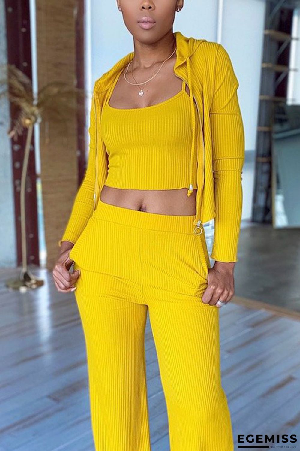 Yellow Casual Solid Patchwork O Neck Long Sleeve Three-piece Set | EGEMISS