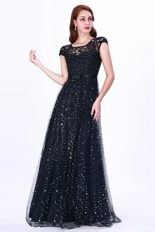 Navy Cap Sleeve Lace Prom Dress Long Evening Gowns With Crystals