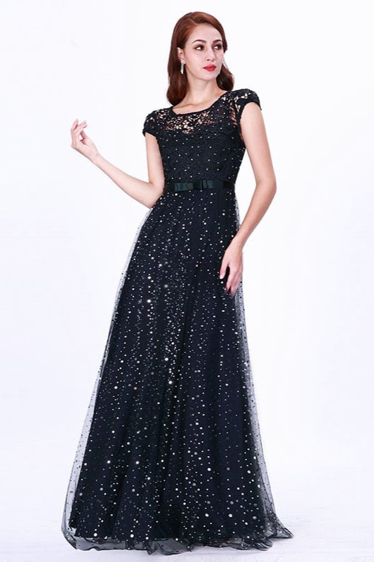 Navy Cap Sleeve Lace Prom Dress Long Evening Gowns With Crystals