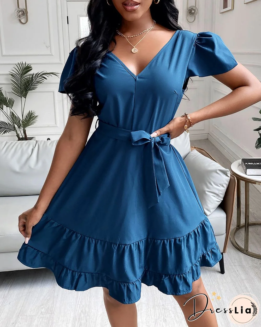 Solid V-Neck Shirred Back Ruffle Hem Belted Dress