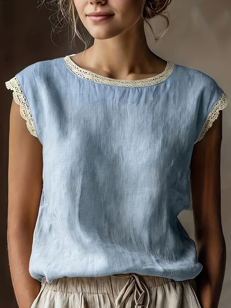 Solid Lace Trim Sleeveless Blouse
