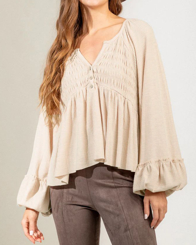 Pleated Detail V Neck Buttons Puffed Long Sleeve Blouse