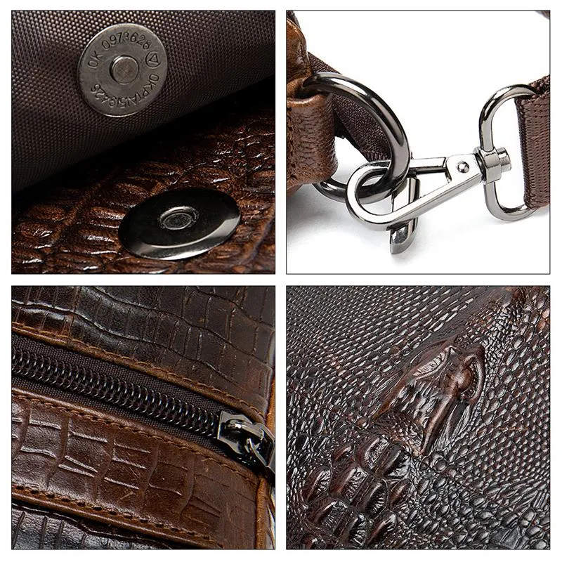 Foldover Top Detachable Sling Strap Crocodile Textured Genuine Leather Messenger Bag